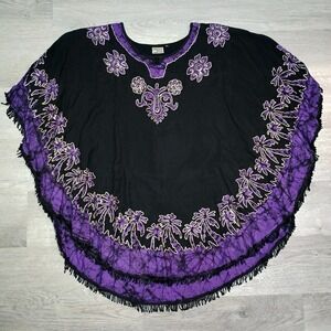 Advance Apparels Purple Black Poncho Fringe Boho Hippie Comfy Shirt Free Size